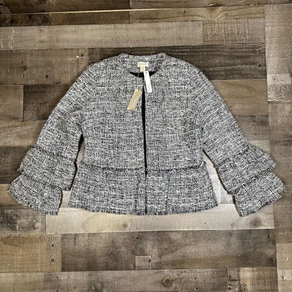 Chicos Womens Small Ruffle Hem Cuffs Tweed Jacket Black Hook Eye Closure NWT